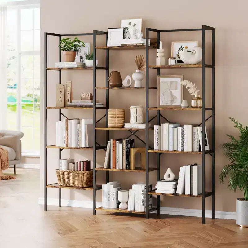 5-Tier Industrial Bookcase with 14 Open Shelves, 63.4"W