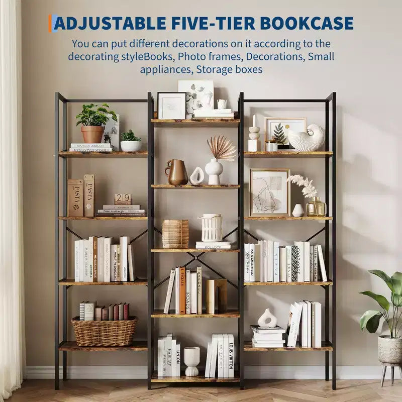 5-Tier Industrial Bookcase with 14 Open Shelves, 63.4"W