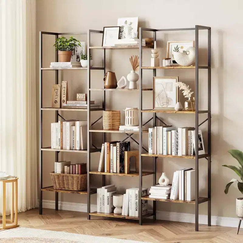 5-Tier Industrial Bookcase with 14 Open Shelves, 63.4"W