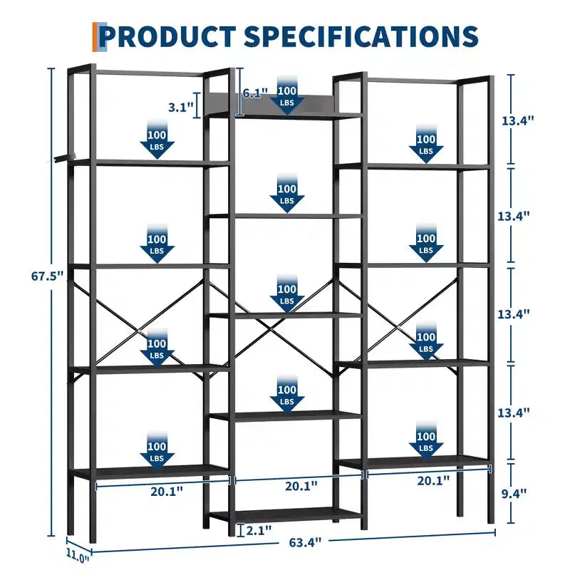 5-Tier Industrial Bookcase with 14 Open Shelves, 63.4"W
