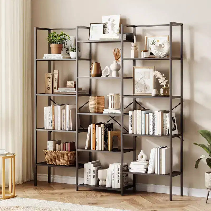 5-Tier Industrial Bookcase with 14 Open Shelves, 63.4"W