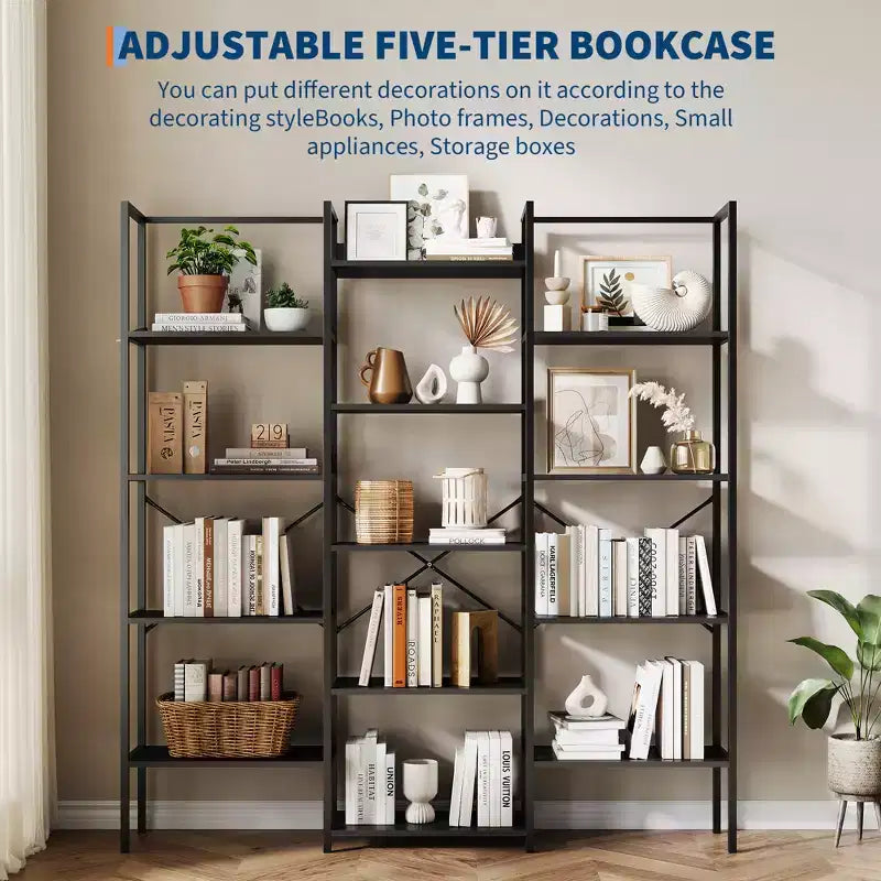 5-Tier Industrial Bookcase with 14 Open Shelves, 63.4"W