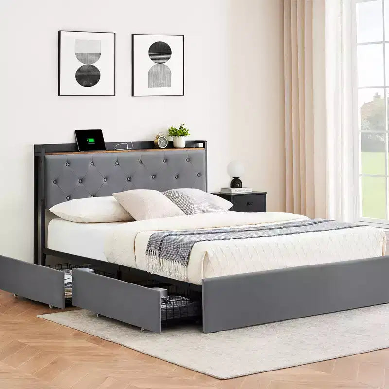 Queen Platform Bed Frame with 4 Storage Drawers and Headboard Shelf, Grey Velvet