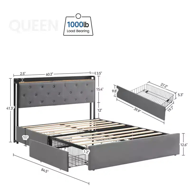 Queen Platform Bed Frame with 4 Storage Drawers and Headboard Shelf, Grey Velvet