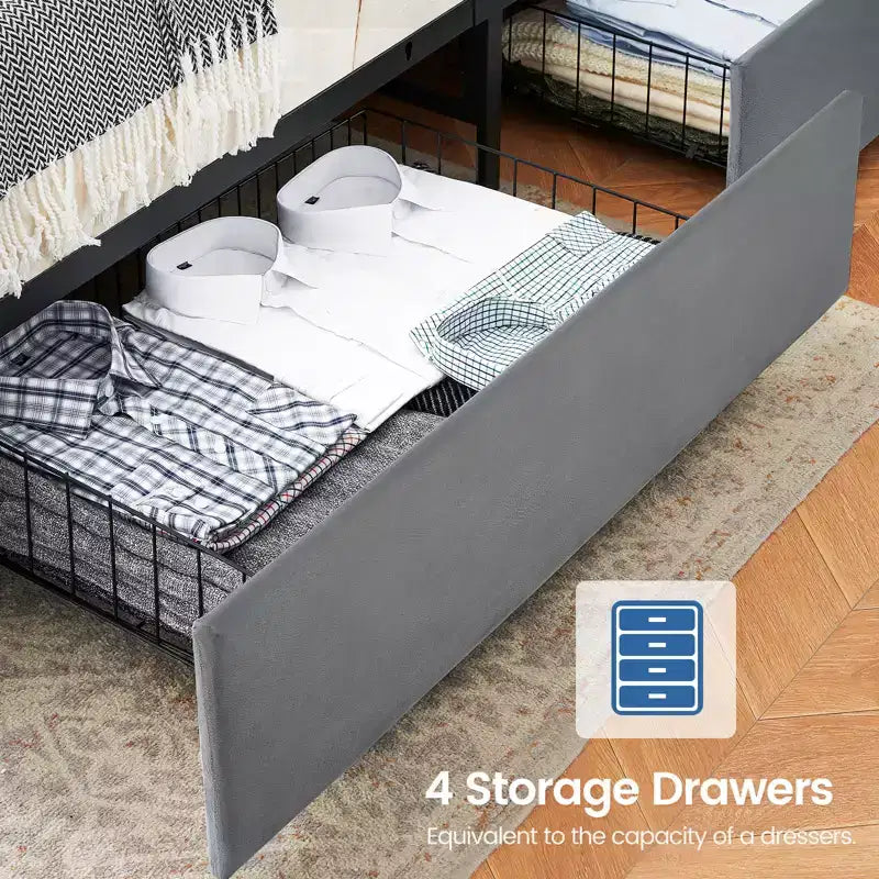 Queen Platform Bed Frame with 4 Storage Drawers and Headboard Shelf, Grey Velvet