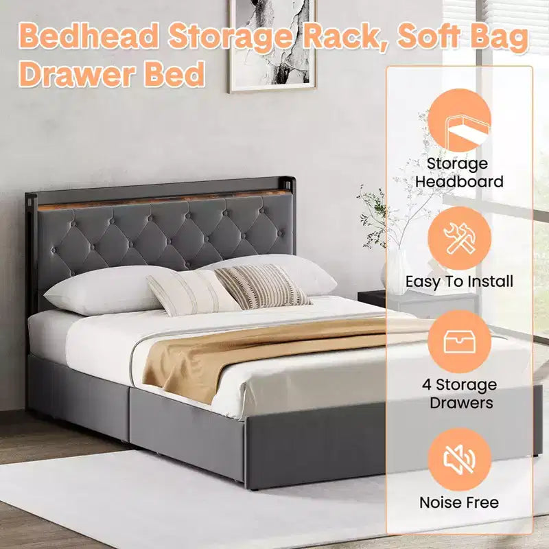 Queen Platform Bed Frame with 4 Storage Drawers and Headboard Shelf, Grey Velvet