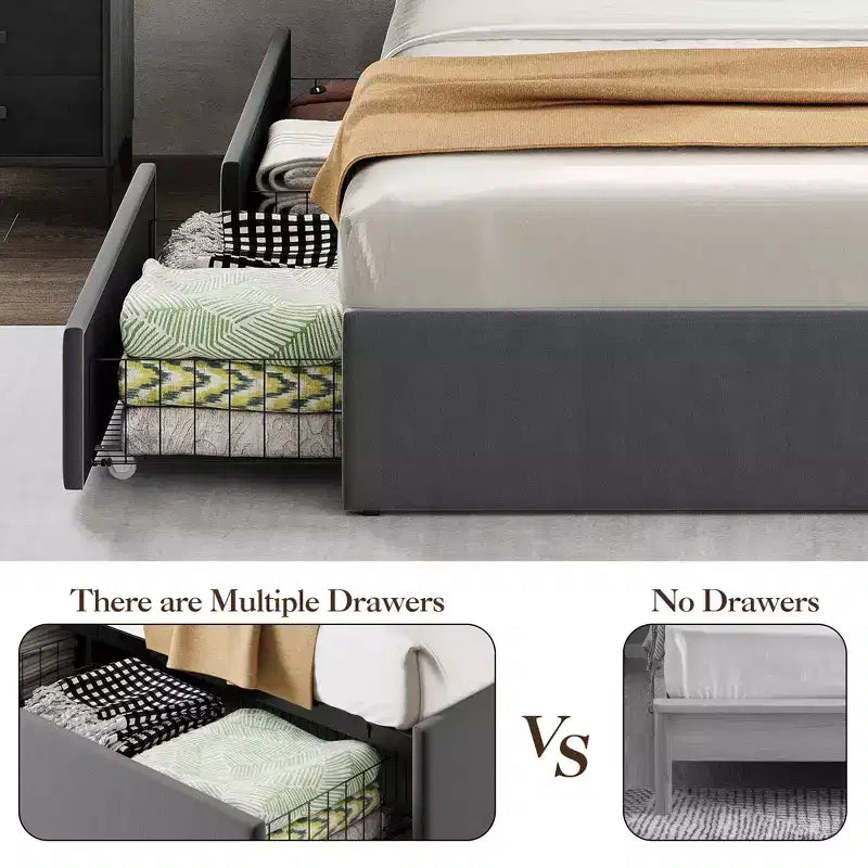 Queen Platform Bed Frame with 4 Storage Drawers and Headboard Shelf, Grey Velvet