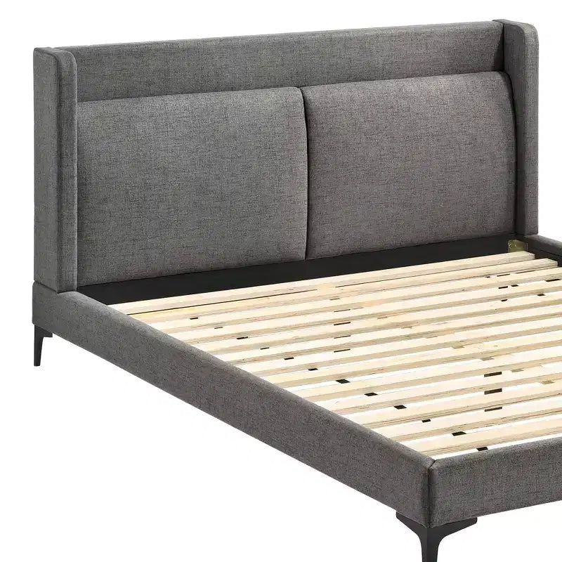 Queen Fabric Platform Bed, Gray with Black Metal Legs
