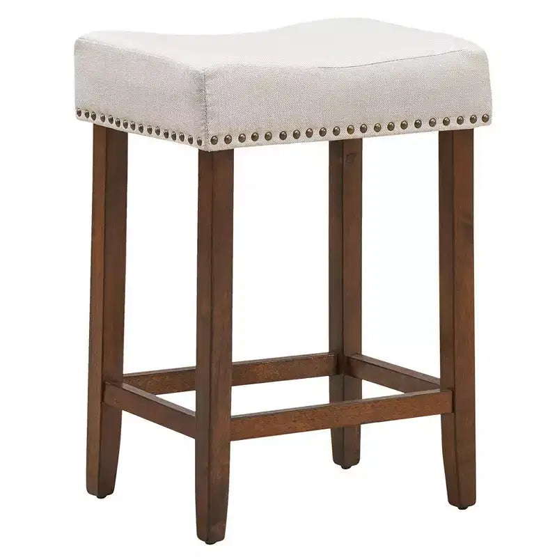 Set of 2 Nailhead Saddle Bar Stools 24" with Fabric Seat & Wood Legs, Beige/Gray