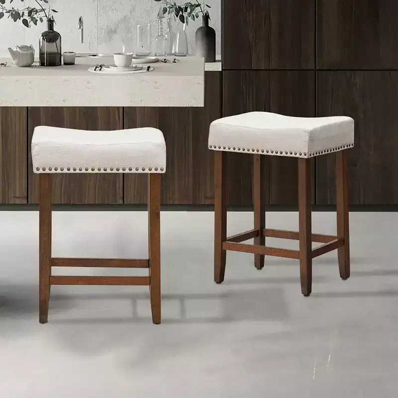 Set of 2 Nailhead Saddle Bar Stools 24" with Fabric Seat & Wood Legs, Beige/Gray