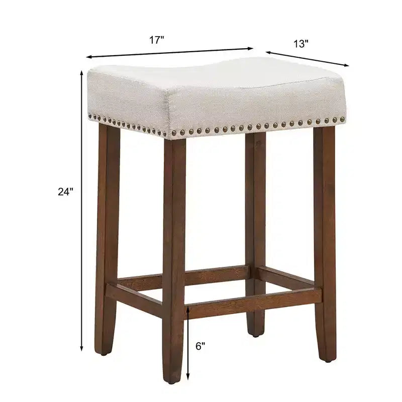 Set of 2 Nailhead Saddle Bar Stools 24" with Fabric Seat & Wood Legs, Beige/Gray