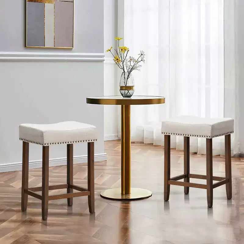 Set of 2 Nailhead Saddle Bar Stools 24" with Fabric Seat & Wood Legs, Beige/Gray