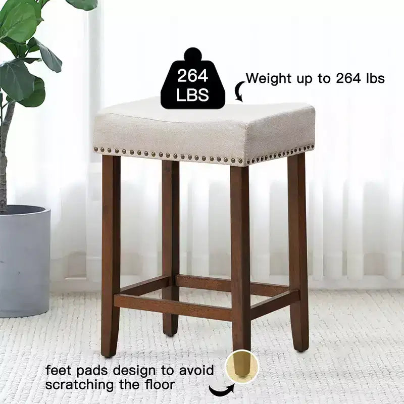 Set of 2 Nailhead Saddle Bar Stools 24" with Fabric Seat & Wood Legs, Beige/Gray