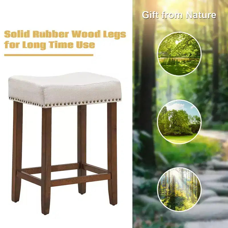 Set of 2 Nailhead Saddle Bar Stools 24" with Fabric Seat & Wood Legs, Beige/Gray