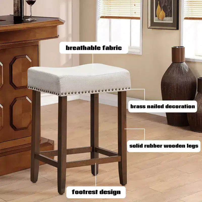 Set of 2 Nailhead Saddle Bar Stools 24" with Fabric Seat & Wood Legs, Beige/Gray