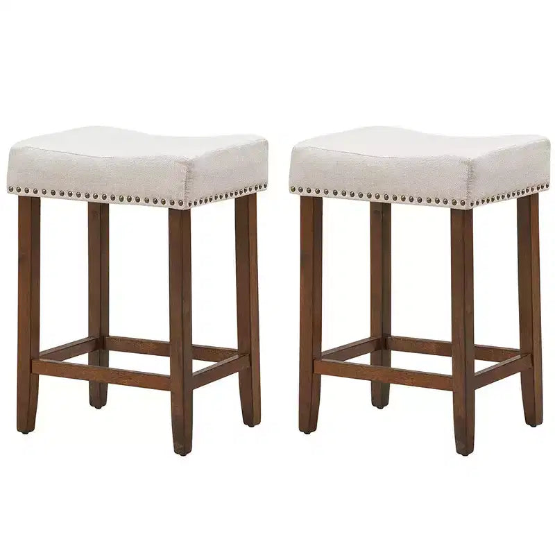Set of 2 Nailhead Saddle Bar Stools 24" with Fabric Seat & Wood Legs, Beige/Gray