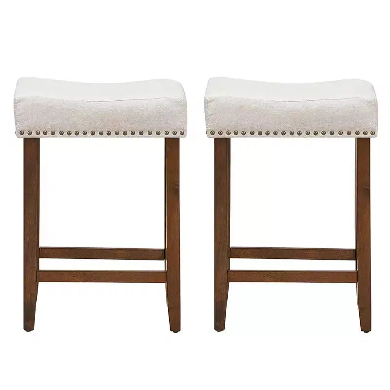 Set of 2 Nailhead Saddle Bar Stools 24" with Fabric Seat & Wood Legs, Beige/Gray