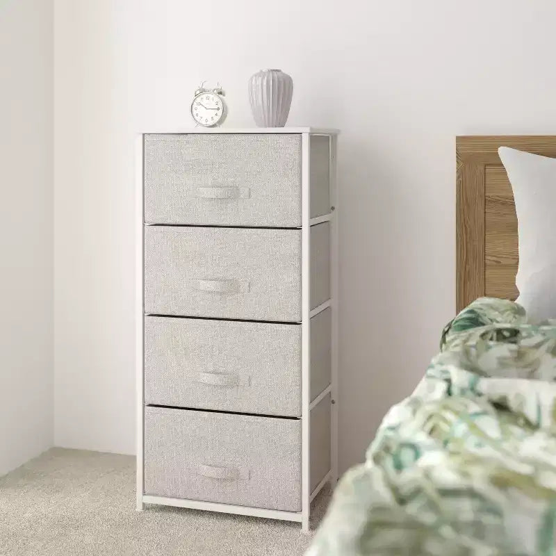 4-Drawer Vertical Storage Dresser, Wood Top with Cast Iron Frame and Fabric Drawers
