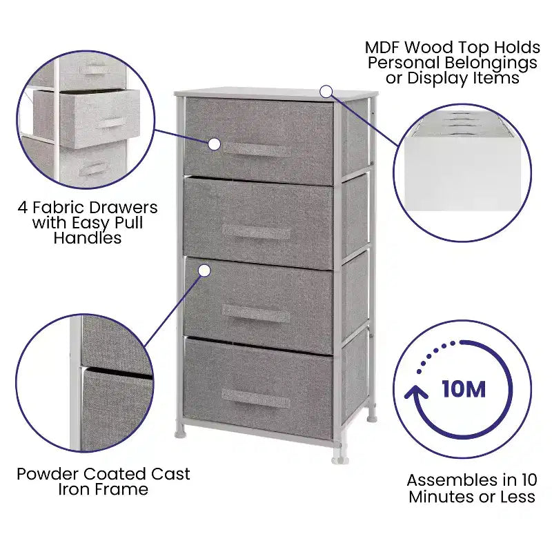 4-Drawer Vertical Storage Dresser, Wood Top with Cast Iron Frame and Fabric Drawers