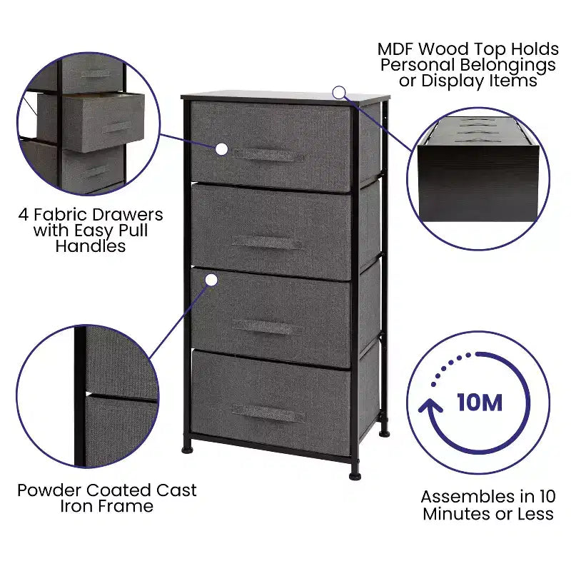 4-Drawer Vertical Storage Dresser, Wood Top with Cast Iron Frame and Fabric Drawers