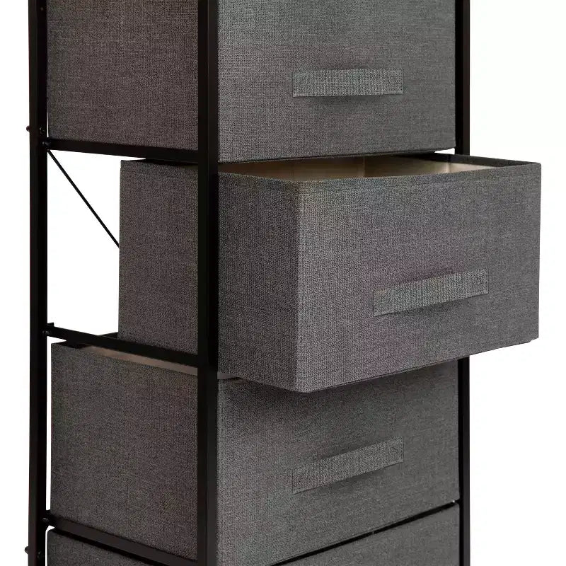 4-Drawer Vertical Storage Dresser, Wood Top with Cast Iron Frame and Fabric Drawers