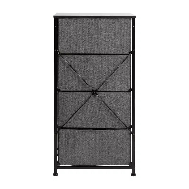 4-Drawer Vertical Storage Dresser, Wood Top with Cast Iron Frame and Fabric Drawers