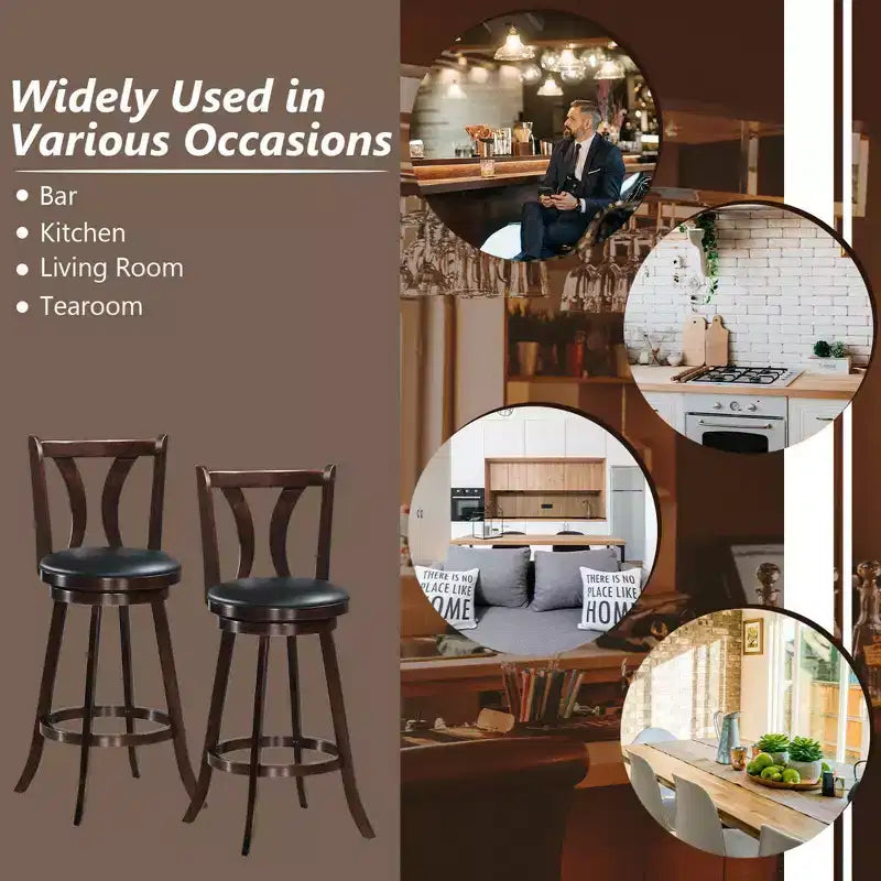 Tabourets de bar pivotants 29,5" avec pieds en bois d'hévéa, siège en cuir PVC