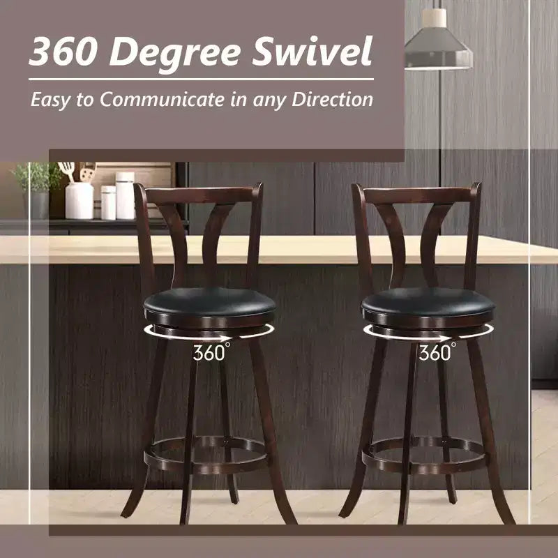 Tabourets de bar pivotants 29,5" avec pieds en bois d'hévéa, siège en cuir PVC