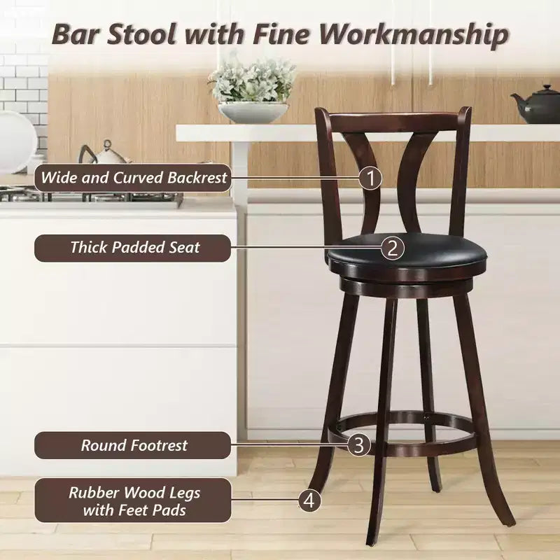 Tabourets de bar pivotants 29,5" avec pieds en bois d'hévéa, siège en cuir PVC