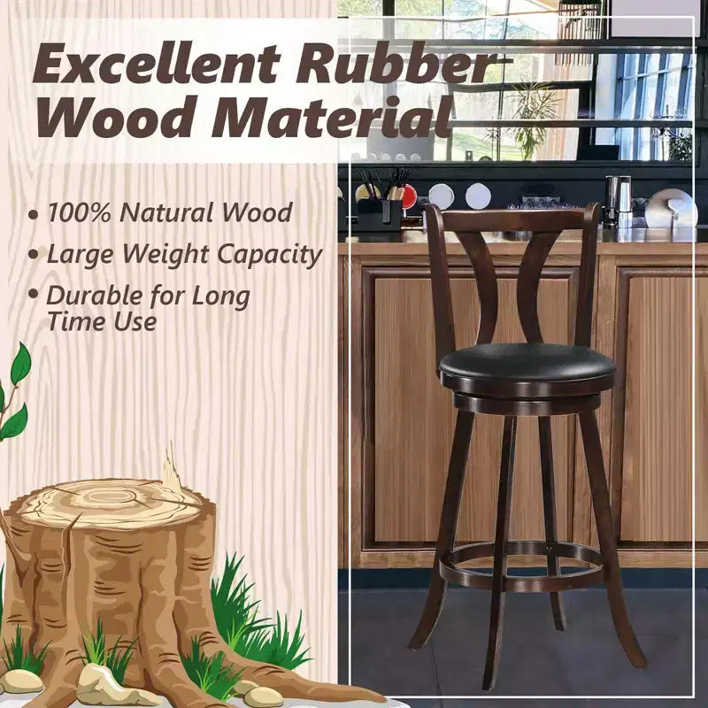 Tabourets de bar pivotants 29,5" avec pieds en bois d'hévéa, siège en cuir PVC