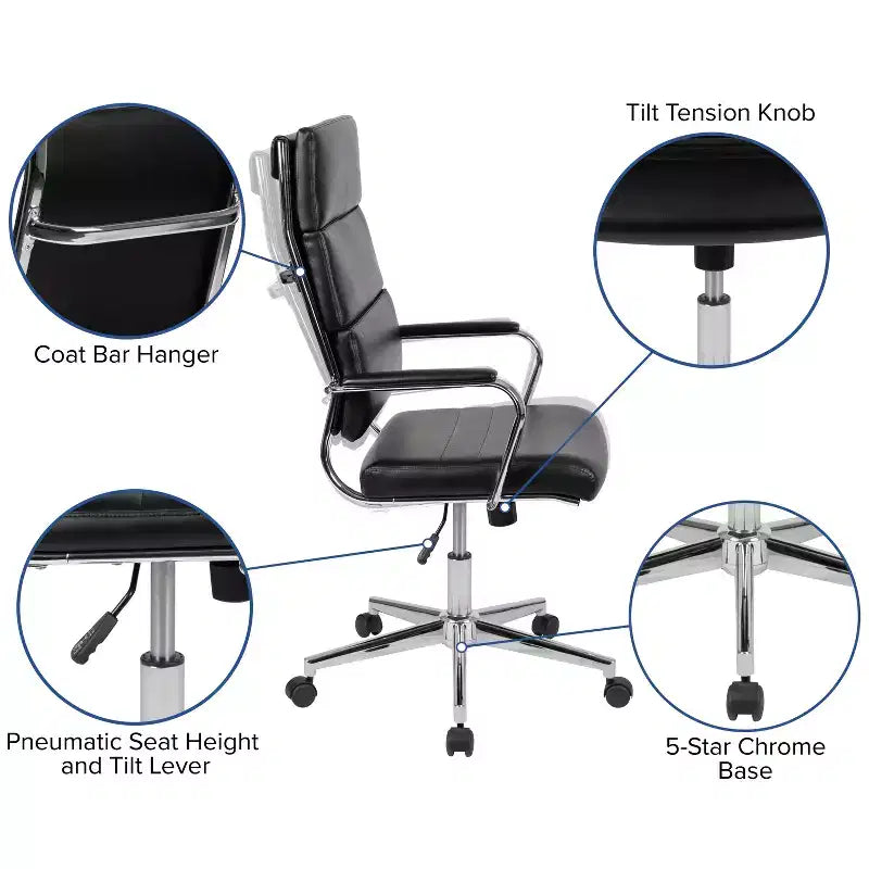 Fauteuil de bureau de direction ergonomique à haut dossier avec accoudoirs rembourrés en métal, pivotant à 360°