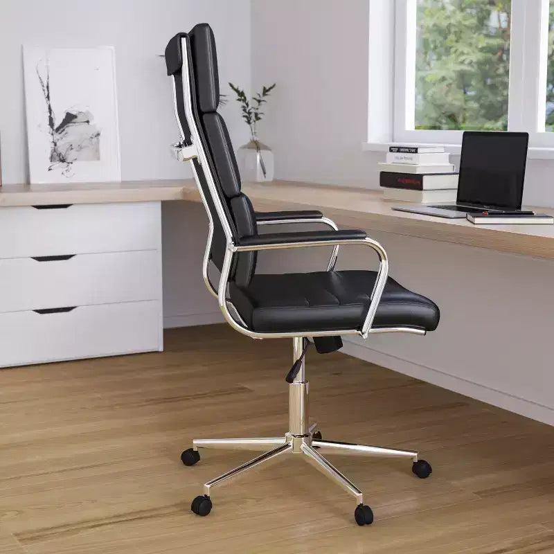 Fauteuil de bureau de direction ergonomique à haut dossier avec accoudoirs rembourrés en métal, pivotant à 360°