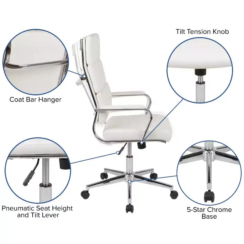 Fauteuil de bureau de direction ergonomique à haut dossier avec accoudoirs rembourrés en métal, pivotant à 360°