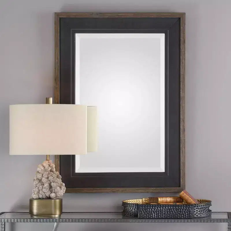 Rectangular Vanity Accent Wall Mirror, Rustic Beveled Black Aged Bronze Wood Frame, 30" Wide