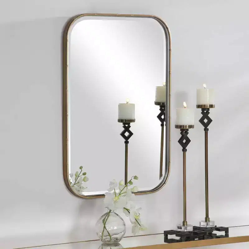 Rectangular Vanity Accent Wall Mirror, Modern Beveled Antique Gold Iron Frame, 20.25" Wide