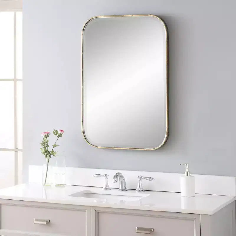 Rectangular Vanity Accent Wall Mirror, Modern Beveled Antique Gold Iron Frame, 20.25" Wide