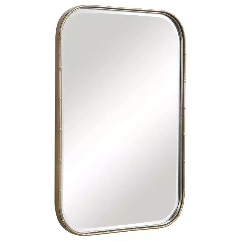Rectangular Vanity Accent Wall Mirror, Modern Beveled Antique Gold Iron Frame, 20.25" Wide