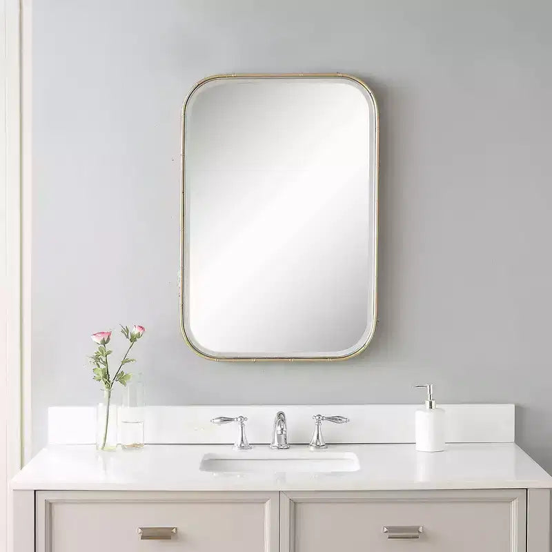 Rectangular Vanity Accent Wall Mirror, Modern Beveled Antique Gold Iron Frame, 20.25" Wide