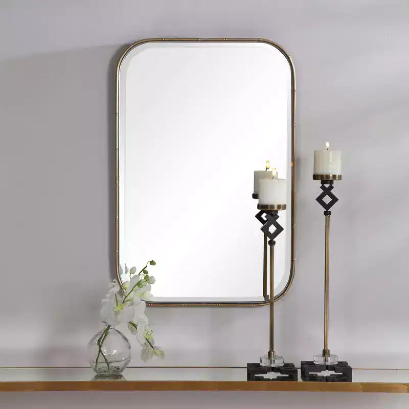 Rectangular Vanity Accent Wall Mirror, Modern Beveled Antique Gold Iron Frame, 20.25" Wide