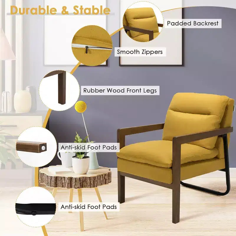 Fauteuil d'appoint rembourré moderne avec pieds en bois d'hévéa