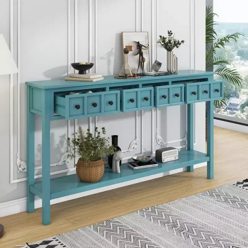 60" Rustic Console Table with 4 Drawers and Bottom Shelf, White