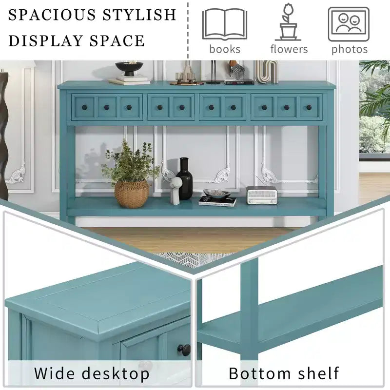 60" Rustic Console Table with 4 Drawers and Bottom Shelf, White
