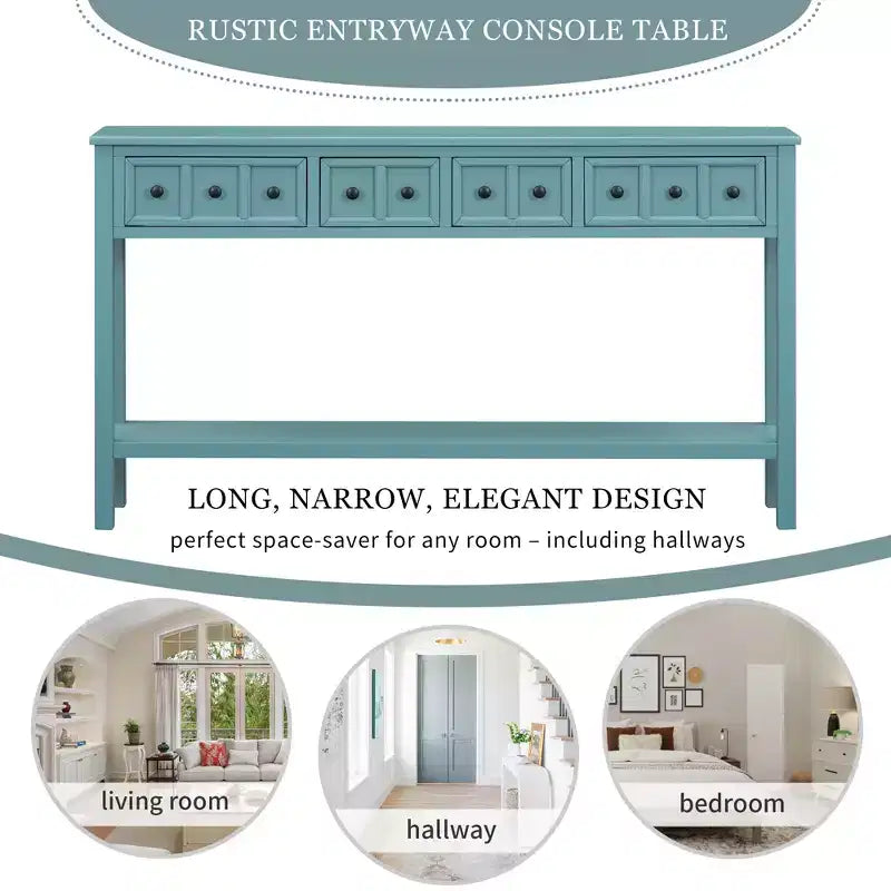60" Rustic Console Table with 4 Drawers and Bottom Shelf, White