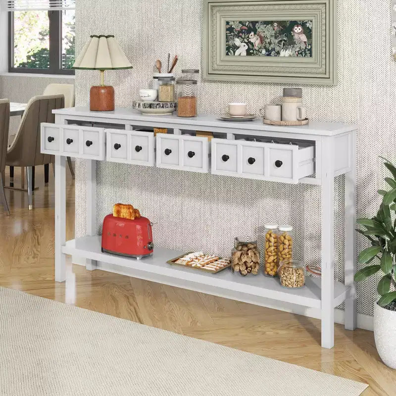 60" Rustic Console Table with 4 Drawers and Bottom Shelf, White