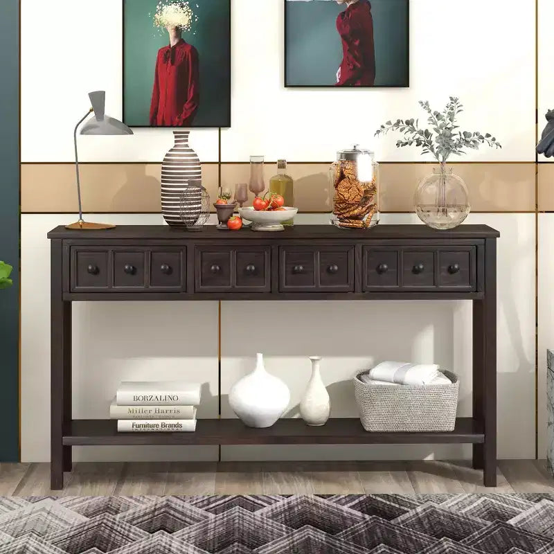 60" Rustic Console Table with 4 Drawers and Bottom Shelf, White