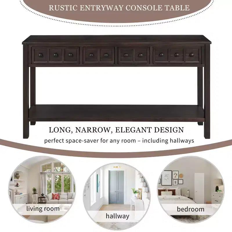 60" Rustic Console Table with 4 Drawers and Bottom Shelf, White