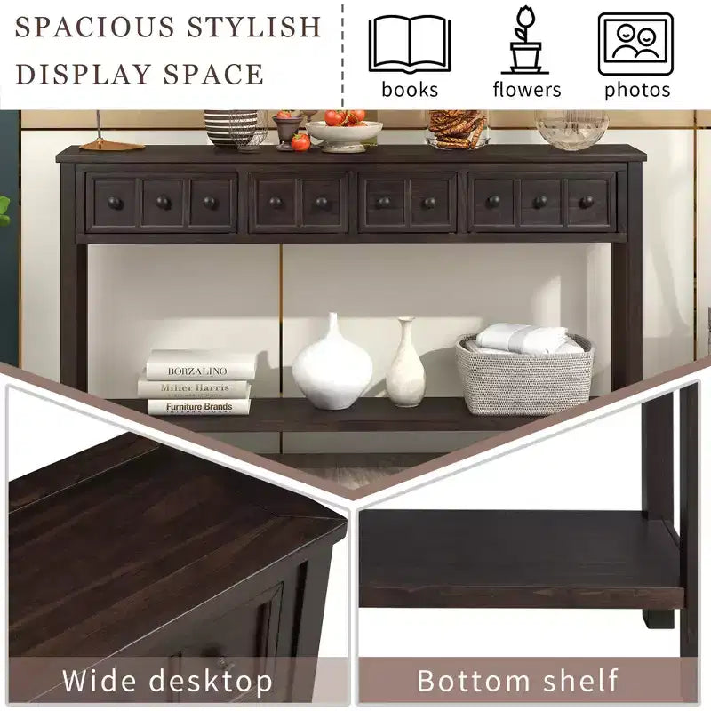 60" Rustic Console Table with 4 Drawers and Bottom Shelf, White