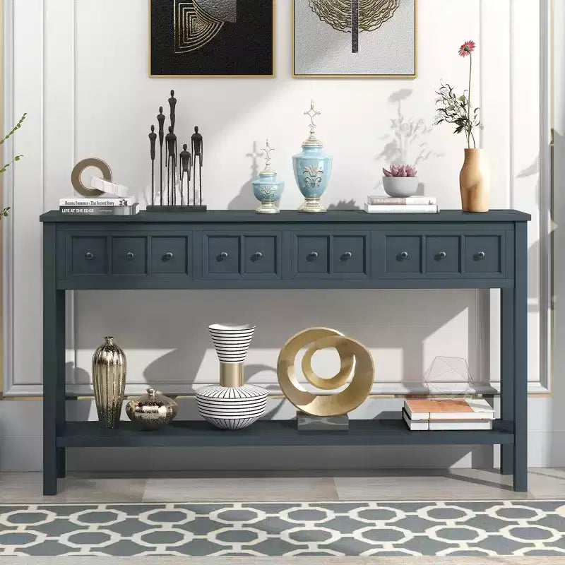 60" Rustic Console Table with 4 Drawers and Bottom Shelf, White