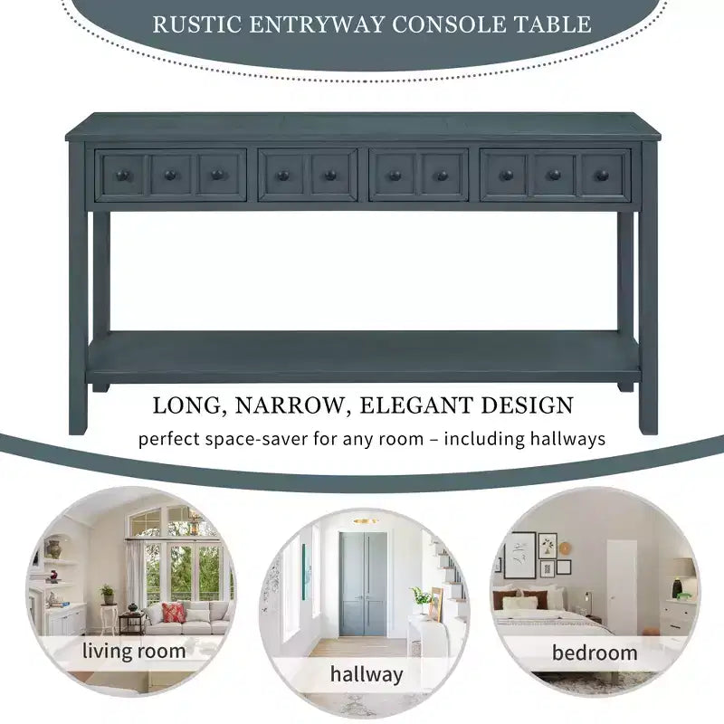60" Rustic Console Table with 4 Drawers and Bottom Shelf, White