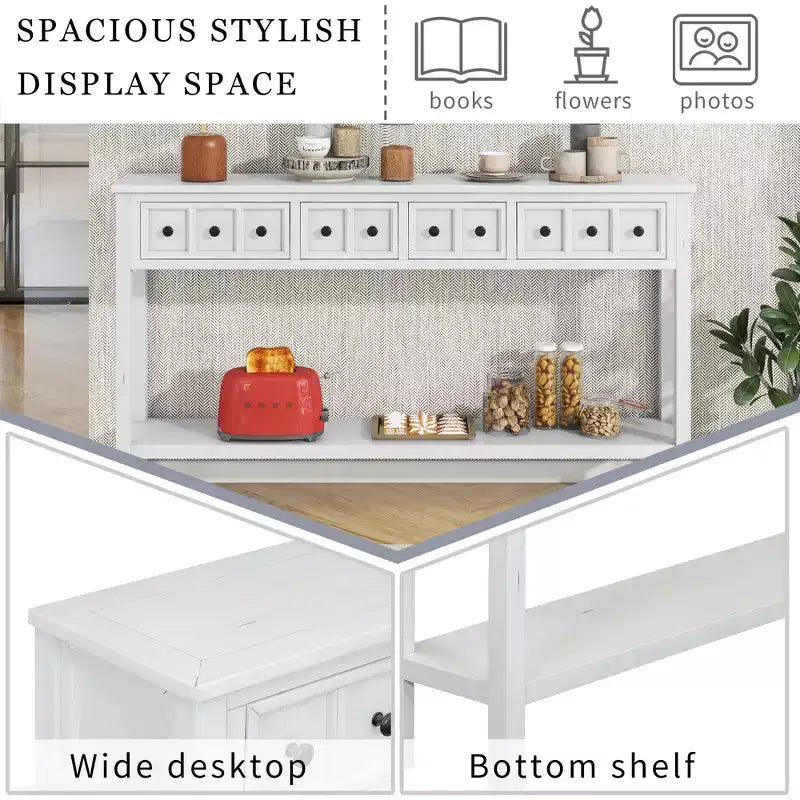 60" Rustic Console Table with 4 Drawers and Bottom Shelf, White